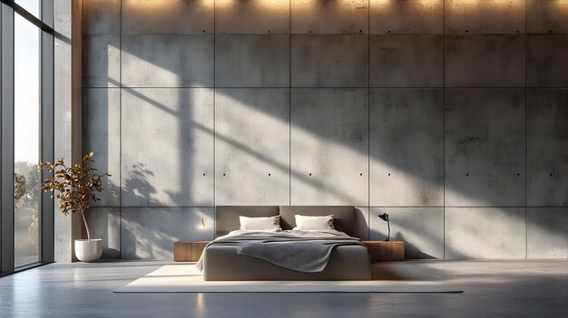 Modern Minimalist Bedroom Design with Concrete Wall 3D Illustration