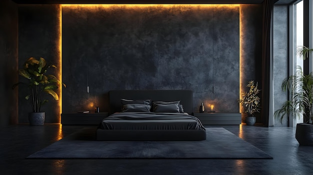 Modern Minimalist Bedroom Interior Design with Black Bed and Yellow Accent Lights 3D Illustration