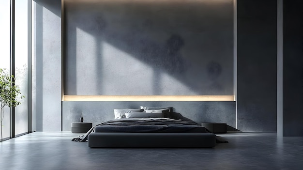 Modern Minimalist Bedroom Interior Design with Concrete Walls and Large Window 3D Illustration