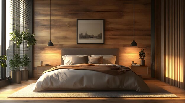 Modern Minimalist Bedroom Interior Design with Wooden Walls and Floor 3D Illustration