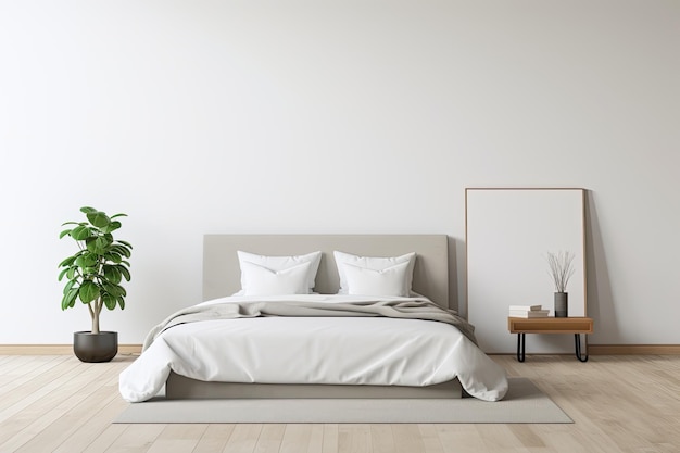 A modern and minimalist bedroom interior is showcased in this advertisement The design is clean and