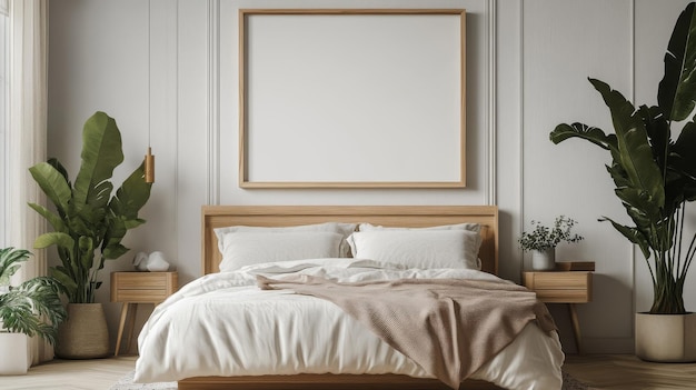 Modern Minimalist Bedroom Interior with a Wooden Frame and Green Plants