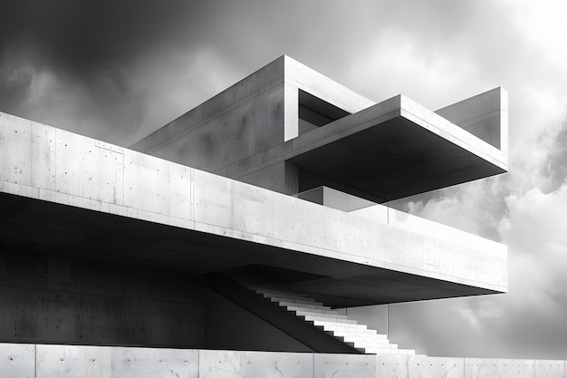 Modern Minimalist Concrete Architecture with Overhanging Structure and Stairway Design for Urban Development Projects