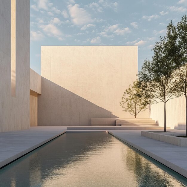 Photo modern minimalist courtyard with a reflecting pool and two small trees