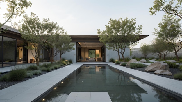 Modern Minimalist Courtyard with Reflection Pool and Lush Greenery