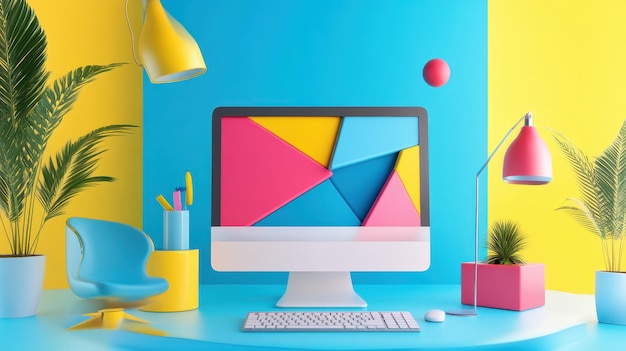 Photo modern minimalist desk setup with yellow blue and pink color scheme