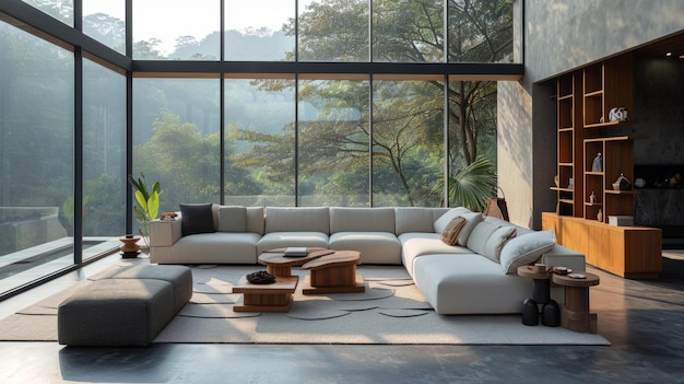 Modern minimalist ecostyle living room interior in luxurious villa corner sofa with cushions wooden