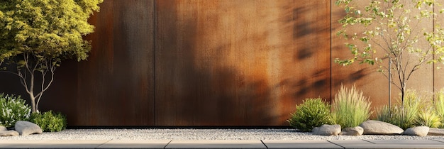 Photo modern minimalist garden with rusty metal wall and gravel path a modern minimalist garden wit