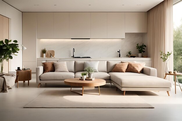 A modern minimalist home interior design with clean lines sleek furniture and neutral color