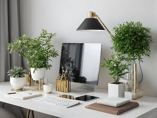 Photo modern minimalist home office desk with plants