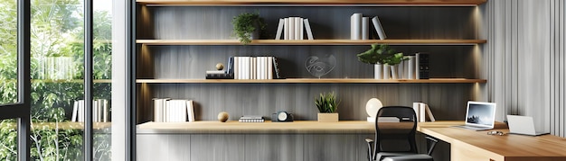 Modern Minimalist Home Office Interior Design with Wooden Bookshelf 3D Illustration