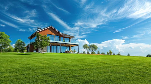 Modern minimalist house concept with green lawn and blue sky AI generated image