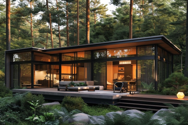 A modern minimalist house nestled in a lush forest setting