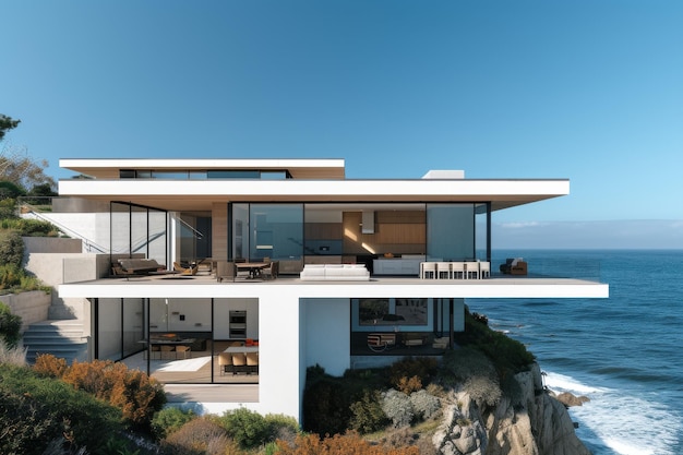 A modern minimalist house perched on a cliff overlooking the ocean