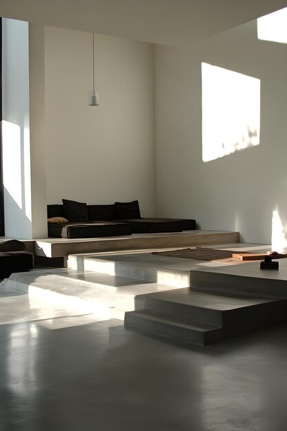 Modern Minimalist Interior Design with Concrete Stairs and Sunlight