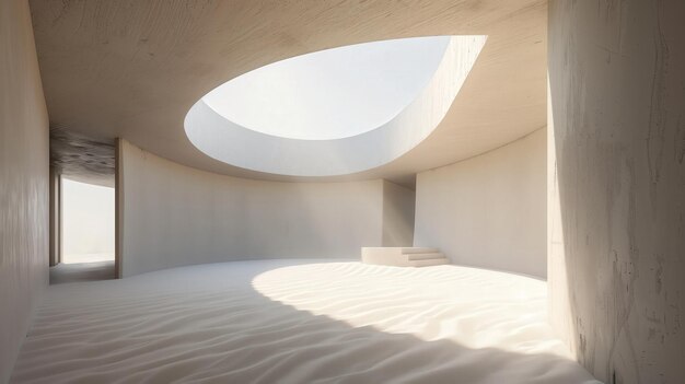 Modern minimalist interior with curved walls neutral colors and natural light Smooth lines