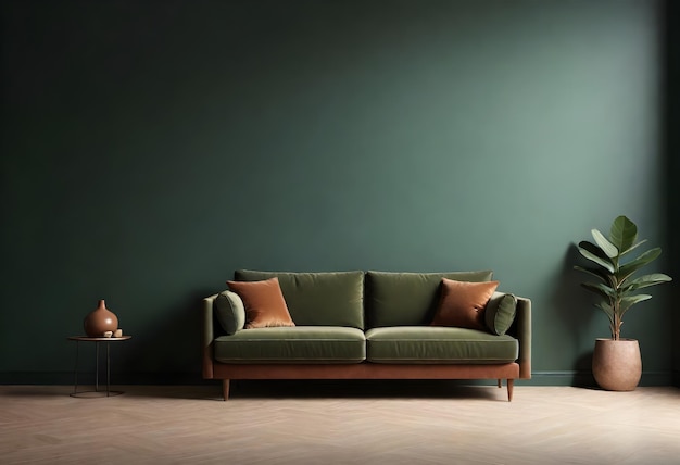 Modern minimalist interior with a green sofa on empty dark green wall