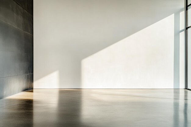 Modern minimalist interior with natural light casting shadows on a smooth floor in a spacious room