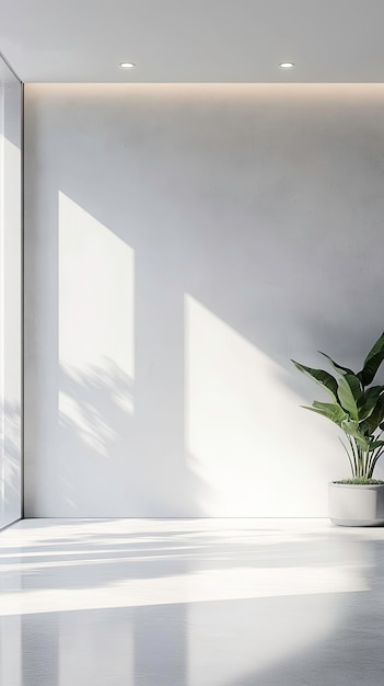 Modern minimalist interior with white walls and green plants