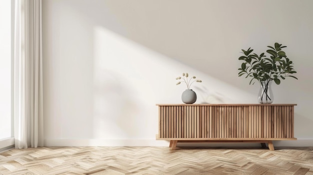 Modern minimalist interior with wooden cabinet and greenery generative ai