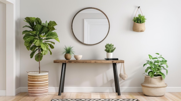 Modern Minimalist Interior with Wooden Console Table Round Mirror and Green Plants in Stylish Pots