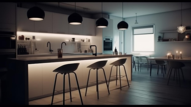 Modern minimalist kitchen in black and white with loftstyle elements spectacular lighting counter an