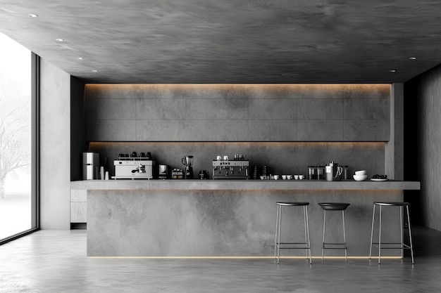 Modern Minimalist Kitchen Design With Concrete Walls And Bar Counter