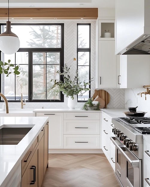 Modern Minimalist Kitchen Room with Wooden Table luxurious Interior Design Furniture with Background