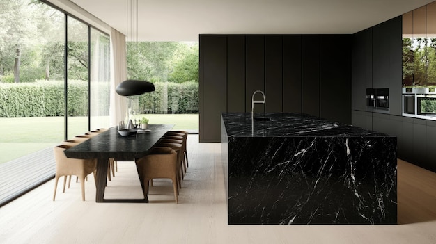 Photo modern minimalist kitchen with black marble island and white oak flooring