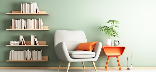 Modern minimalist living room in green and light orange colors with sofa and bookcase AI generated