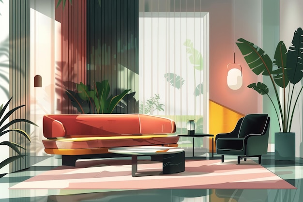 Modern minimalist living room illustration features red sofa black armchair White lamp with green