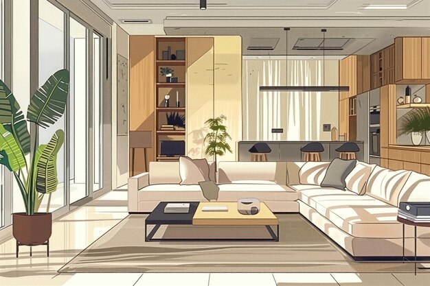 Modern minimalist living room illustration features white sofa coffee table bookshelf plant