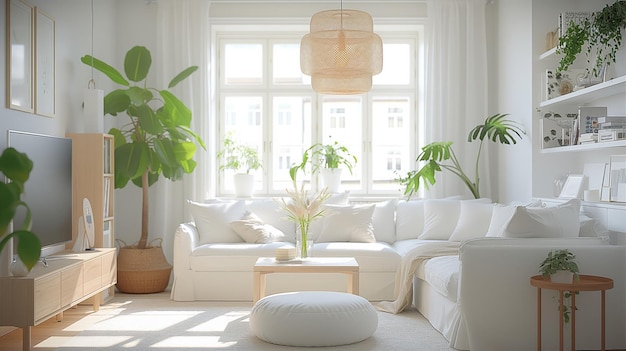 Photo modern minimalist living room interior design with white sofa and plants