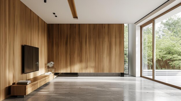 Modern minimalist living room interior with wooden paneling and large windows generative ai