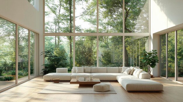 Photo modern minimalist living room overlooking lush green forest