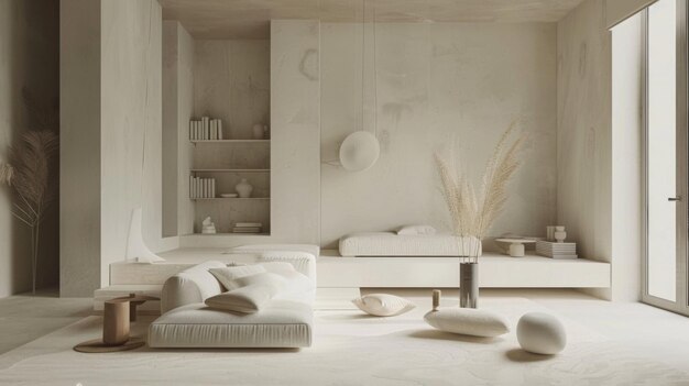 A modern minimalist living room with clean lines neutral colors and a cozy atmosphere inviting relaxation and tranquility