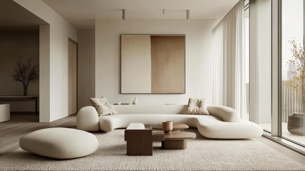 A modern minimalist living room with a cozy seating area minimalist decor accents and soft textiles inviting guests to relax and unwind in style