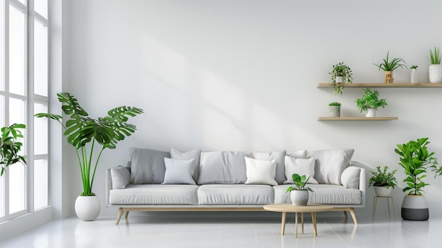 Modern minimalist living room with indoor plants generative ai