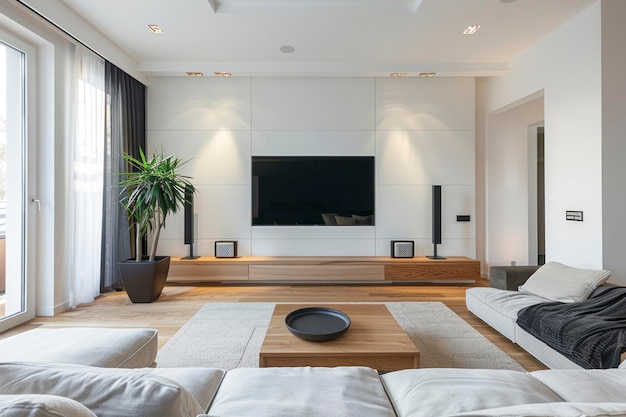 Modern minimalist living room with wall TV