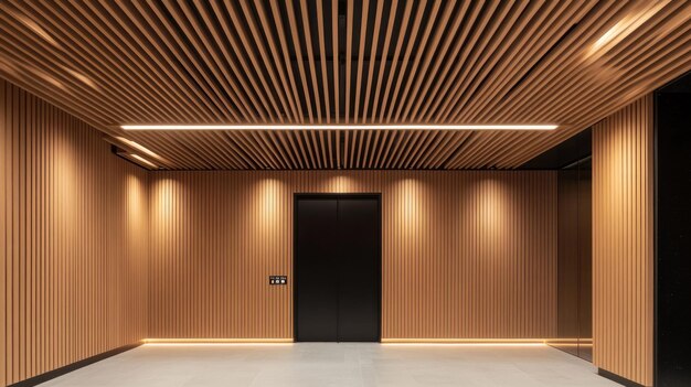 Modern Minimalist Lobby with Wooden Walls and Ceiling