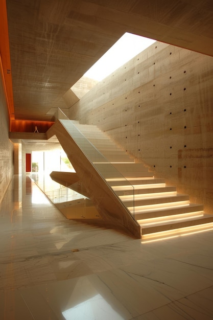 Modern minimalist marble staircase with glass railing and skylight