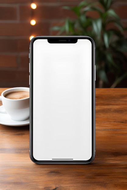 Modern and minimalist mobile phone mockup against the background of a cup with a drink