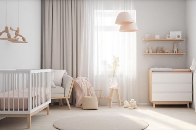 Modern minimalist nursery room in Scandinavian style Baby room interior in light colors