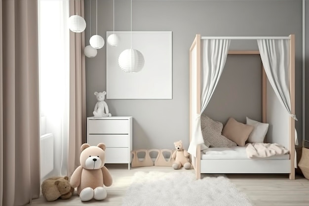 Modern minimalist nursery room in scandinavian style Baby room interior in light colours AI generated image