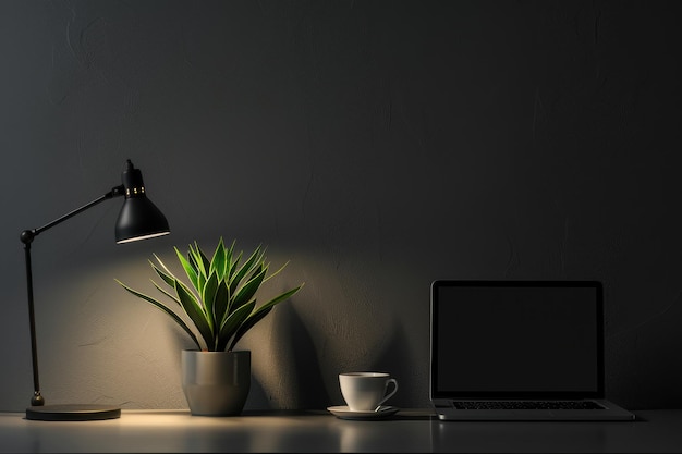 Photo modern minimalist office desk laptop illuminating plant at night