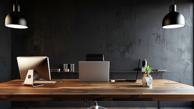 Modern Minimalist Office Desk with Laptop Computer on Wooden Desk