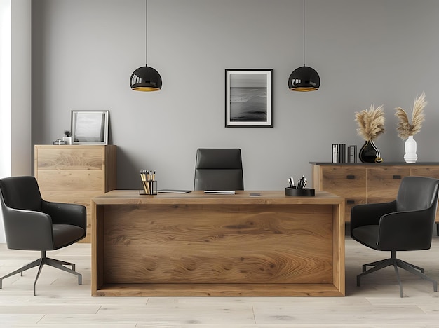 Modern minimalist office interior with a wooden desk black chairs and sideboard against a light gray wall