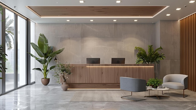 Photo modern minimalist office reception area a stylish reception area featuring sleek furniture l