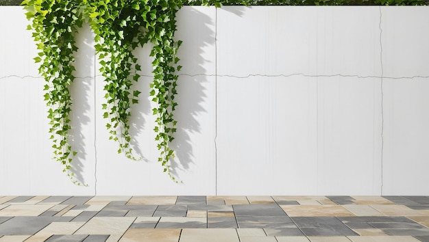 Photo modern minimalist outdoor scene with white vertical wall lush green ivy cascading and lightcolored irregular stone walkway emphasizing natural and contemporary harmony generative ai