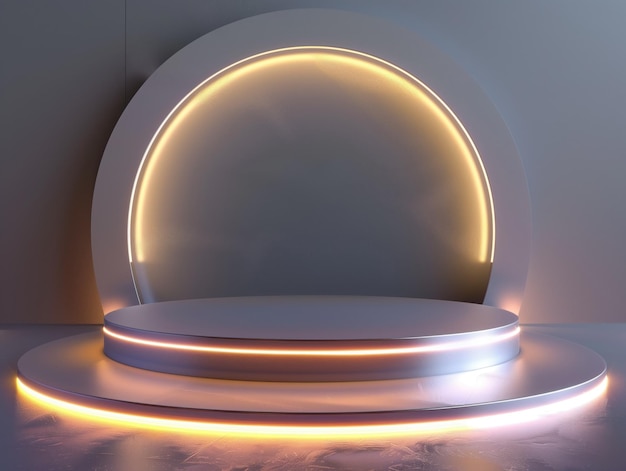 Modern Minimalist Podium with Neon Lighting An elegantly lit circular podium with soft neon glow perfect for product display in a modern and minimalist setting